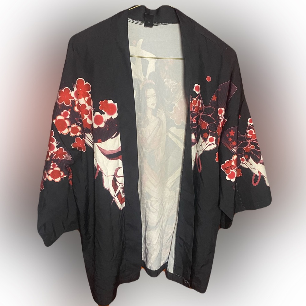 SHEIN Black and Red Floral Kimono Shirt